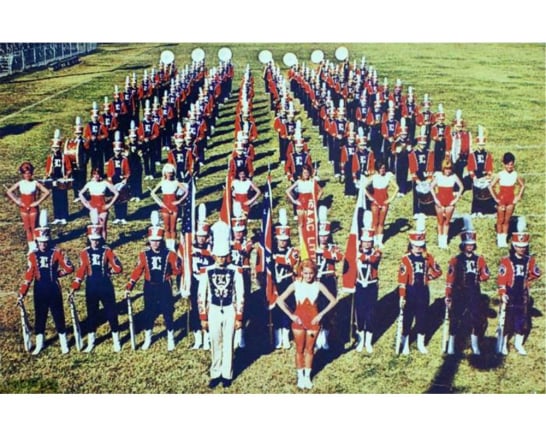 New Red, White and Blue uniforms courtesy of the Band Booster's Club, 1963