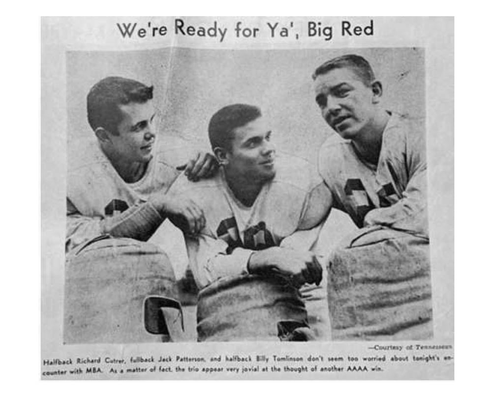 Halfback Richard Cutrer, fullback Jack Patterson and halfback Billy Tomlinson